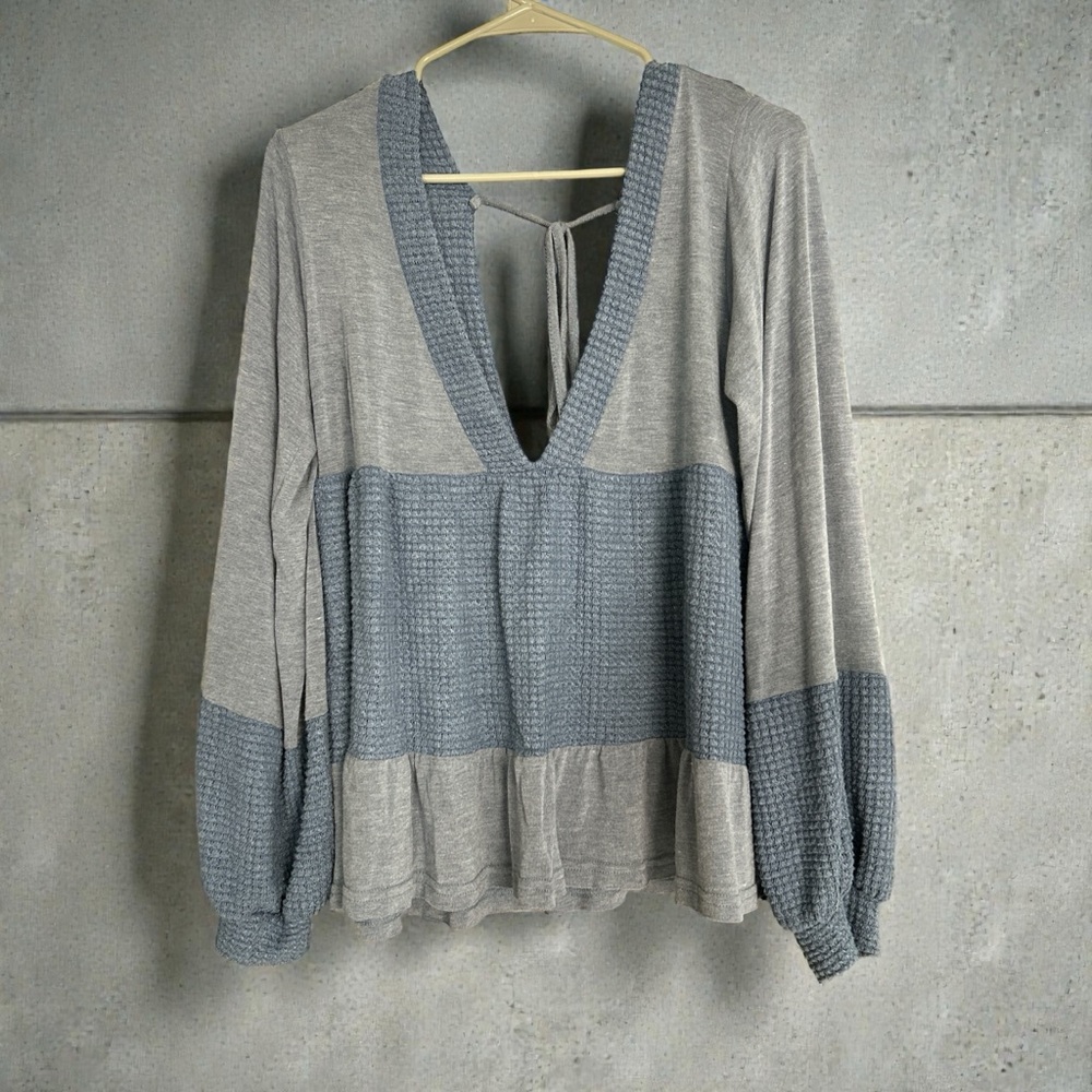 POL Blue and Gray Textured boho Sweater